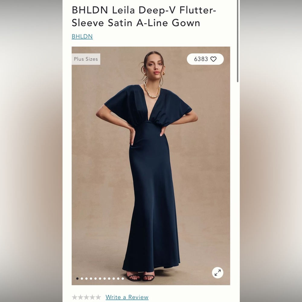 BHLDN LEILA DEEP-V FLUTTER-SLEEVE SATIN A-LINE GOWN - Size 8 altered - Midnight